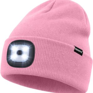 Memoryee Illuminated Hat with LED Light, 4 LED Lamps, USB Rechargeable, Running, Hiking, Hands-Free Headlamp, Winter Warm Knitted Hats, Gifts for Men and Women