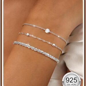 Women's 925 Silver Bracelets, Gold Bracelet with Cubic Zirconia, Waterproof Bracelets Set, Gold-Plated, Women's Bracelet, Stackable Tennis Beads, Adjustable Bracelet, Jewellery, Gift for Women, Pack