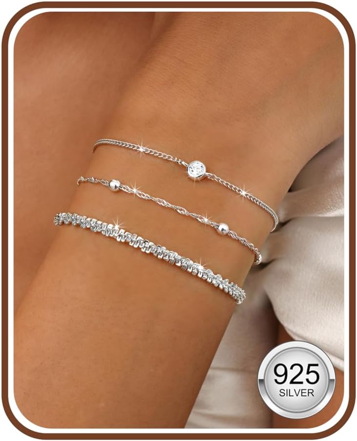 Women's 925 Silver Bracelets, Gold Bracelet with Cubic Zirconia, Waterproof Bracelets Set, Gold-Plated, Women's Bracelet, Stackable Tennis Beads, Adjustable Bracelet, Jewellery, Gift for Women, Pack
