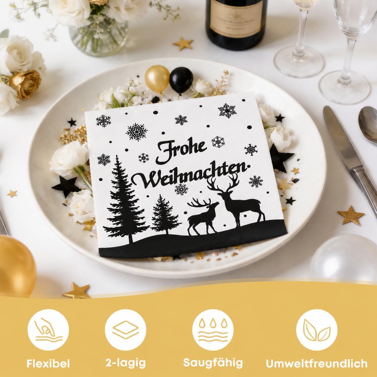 Pack of 50 Napkins Christmas Black, Seutgjie Table Decoration Christmas Dining Table with Deer Snowflakes Motif Christmas Napkins Party Set Table – Bild 3