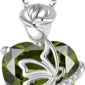FJ Heart Birthstone Necklace Women's 925 Sterling Silver Butterfly Chain Pendant Rose Flower Necklace Jewellery Gifts for Women Mother Girlfriend Mum