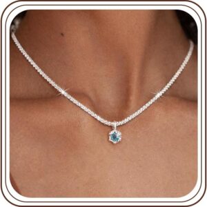 Maynor Birthstone Necklace Women’s 925 Sterling Silver Chain Zirconia Pendant in 12 Colours, Personalised Waterproof Fashion Jewellery Chains Gift for Women and Girls