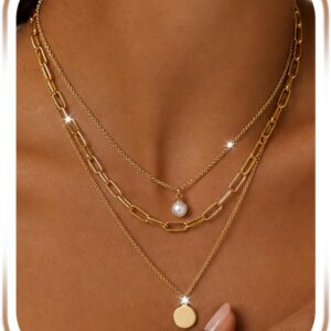 3 Pieces 14K Gold Plated Layering Necklace, Necklace with Round Pendant, Adjustable Long Waterproof Chain, Women’s Jewellery Gifts