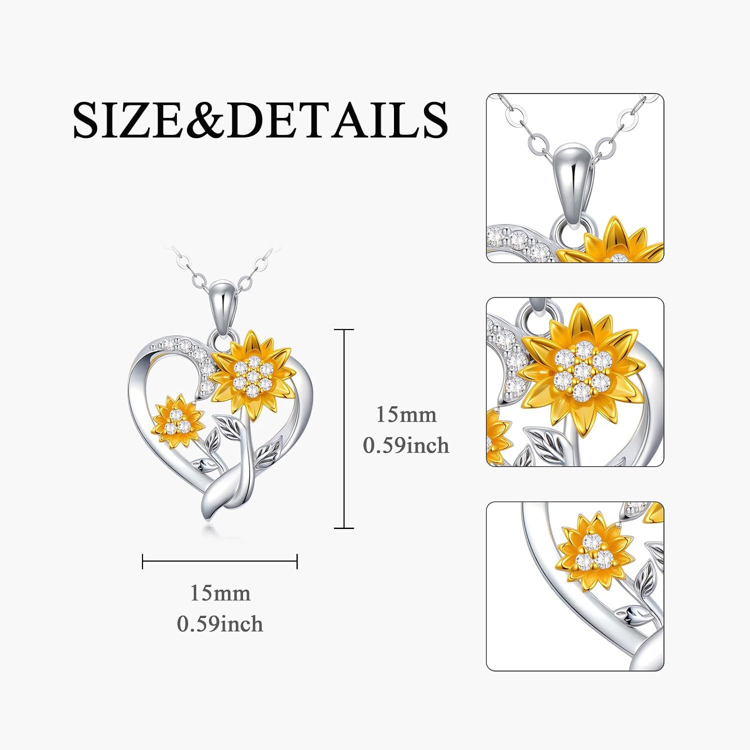 375/9K Real Gold Heart Necklace for Women, White/Yellow Gold Natural Diamonds Sunflower Pendant | You are my Sunshine, Elegant Jewellery, Anniversary, Birthday Gift for Wife Girlfriend – Bild 6