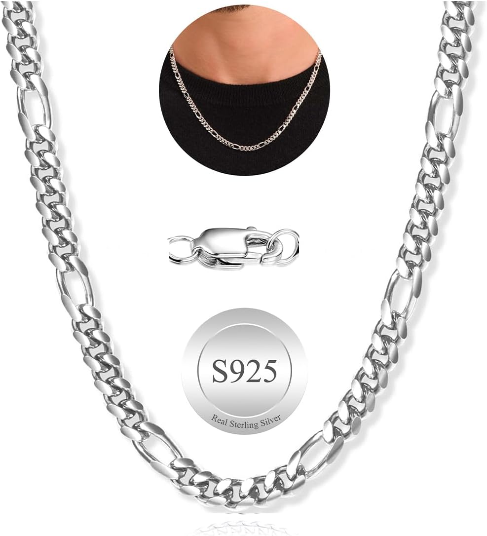 MOROTOLE Sterling Silver Figaro Chain Necklaces for Men Width 5 mm Diamond Cut Figaro Link Chain 18/20/22 Inches