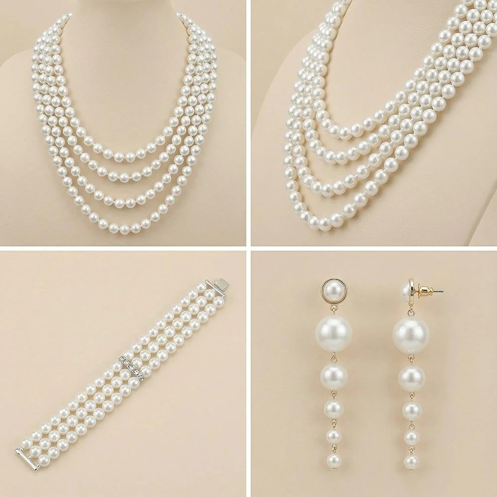 Set of 3 Beads with Long Earrings, 3 Rows Stretch Pearl Bracelet, 1920s Pearl Necklace, 1920s Accessories, Pearl Jewellery Set for Women for Party, Prom, Wedding, Festival – Bild 6