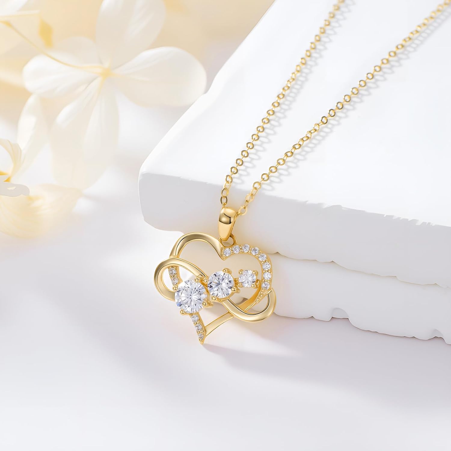 375/9K Echtgold Herz Kette für Damen, Gelbgold 0,55-1,2 cttw Moissanit Unendlichkeit Herz Anhänger Halskette,Schmuckgeschenk Jahrestag Geburtstag für Ehefrau Mutter,40+5cm – Bild 2