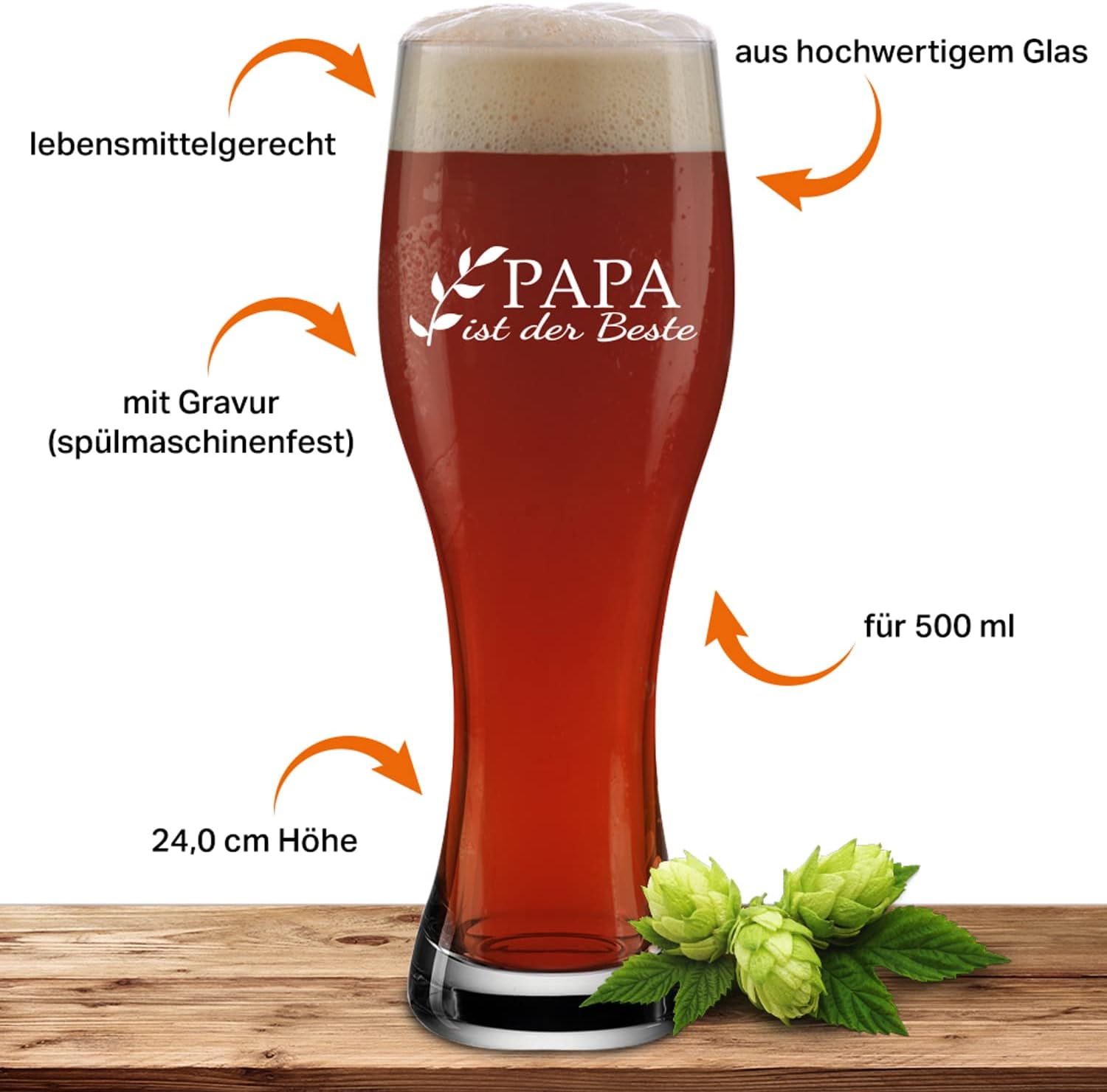 Wheat Glass Papa ist der Beste Beer Glass 0.5 L with Laser Engraving Gift for Father's Day, Birthday, Christmas, Motif Zweig Papa ist der Beste – Bild 3