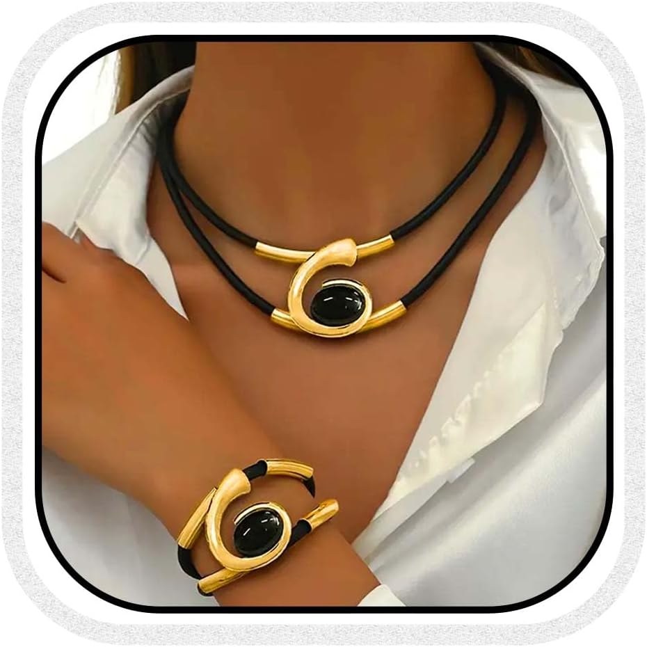 Gold Tone Boho Double Layer Pendant Necklace Bracelet Vintage Fashion Jewelry for Women