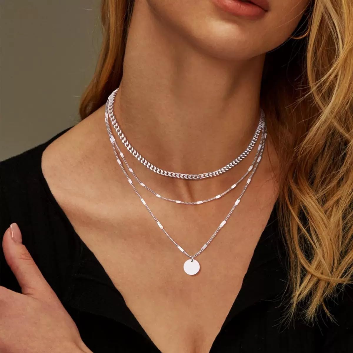 Halsreif Damen Silber 925 Sterling, 3PCS Layering Lange Silberkette Kette Silber 925 Damen mit Anhänger Halsketten Chain Damenkette für Frauen – Bild 3