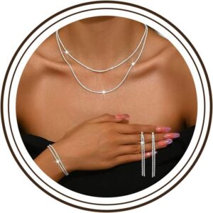 Schmuck Set Damen, 3 Paar Silber Ohrringe 925+Silberkette Ohne Anhänger+Armreif Silberschmuck Brautschmuck Set Jewellery Schmuckset Hochzeitstag Damenschmuck Geschenke für Frauen