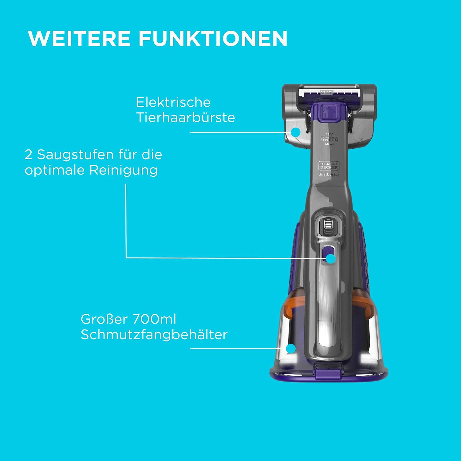 Black+Decker 36 Wh/18 V Cordless Handheld Vacuum Cleaner - Dustbuster Pet with Smart Tech (with Cyclonic Action, Integrated Extendable Crevice Nozzle, including Pet Hair Brush Charging Station with Wall Mount) BHV530BFP – Bild 10