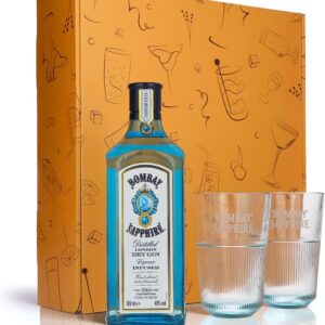 Sipply Gift Set 3-Piece with 2 Glasses and 1 Bottle Bombay Sapphire Gin 0.7 L 40% Vol. | with Gift Box: Orange | Gift for Women Men Mum Dad Girlfriend for Christmas Easter