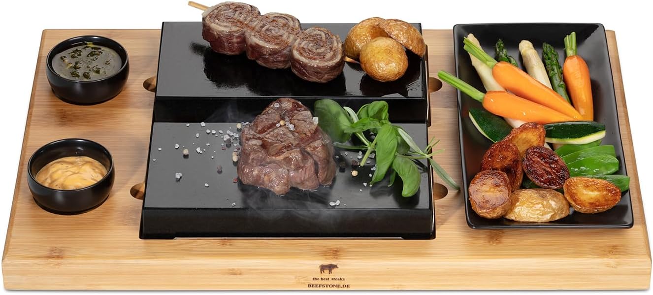 Hot Stone Grill Stone Plate Model DUE Hot Stone Steak Maker Lava Stones Grill Wooden Board Bamboo, Lava Stone Steak, Hot Stone Raclette Complete Set with 8 Pieces