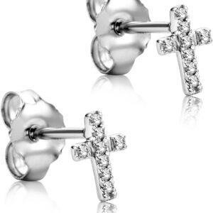 Orovi Woman Studs Cross Earrings 9 ct / 375 White Gold With Diamonds Brilliant Cut 0.04 ct