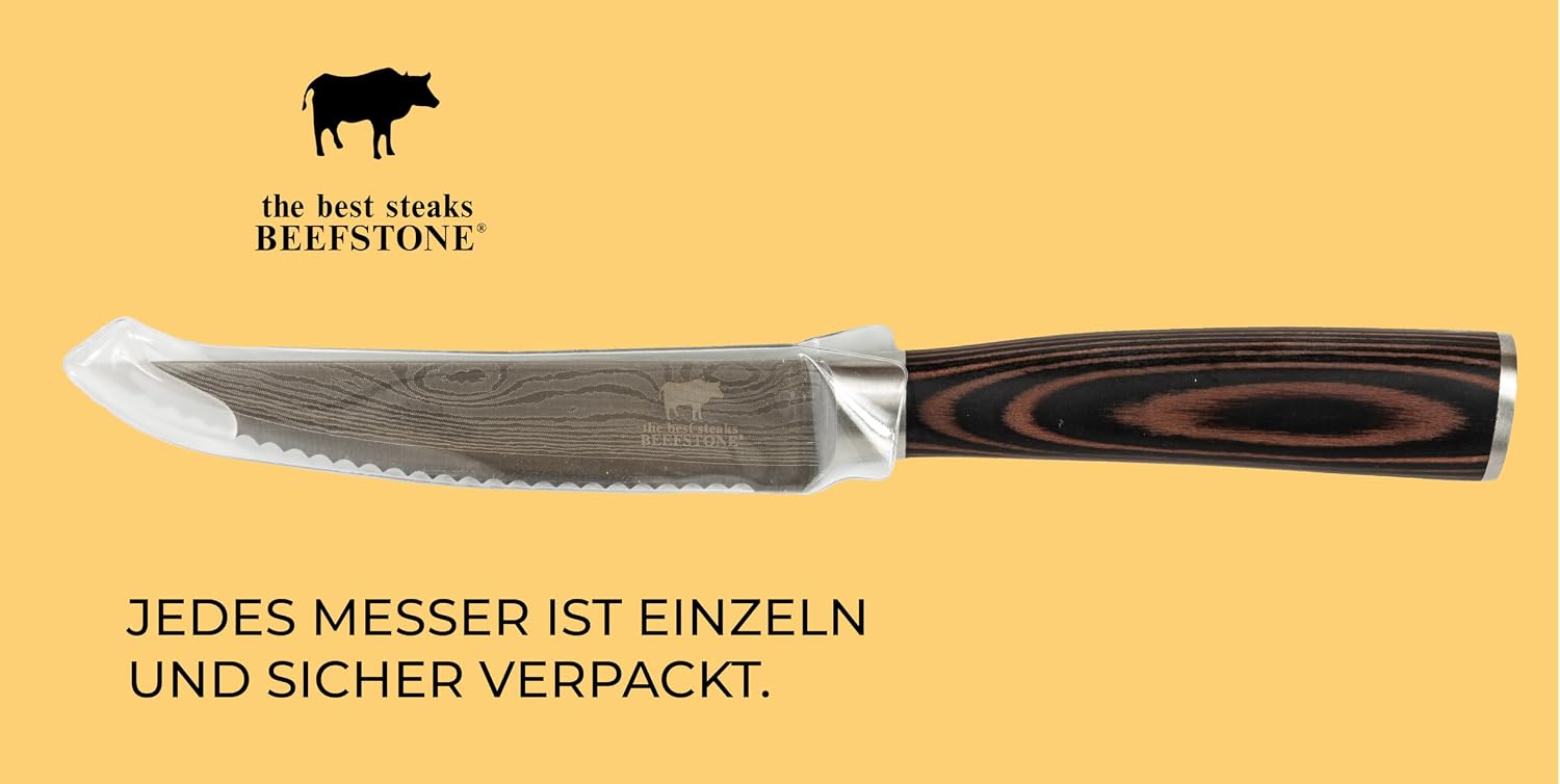 Steak Knife Set 6 Pieces Professional Chef's Knife, Ergonomic Wooden Handle, Serrated Edge, Gift Idea with Wooden Box for Storage – Bild 6