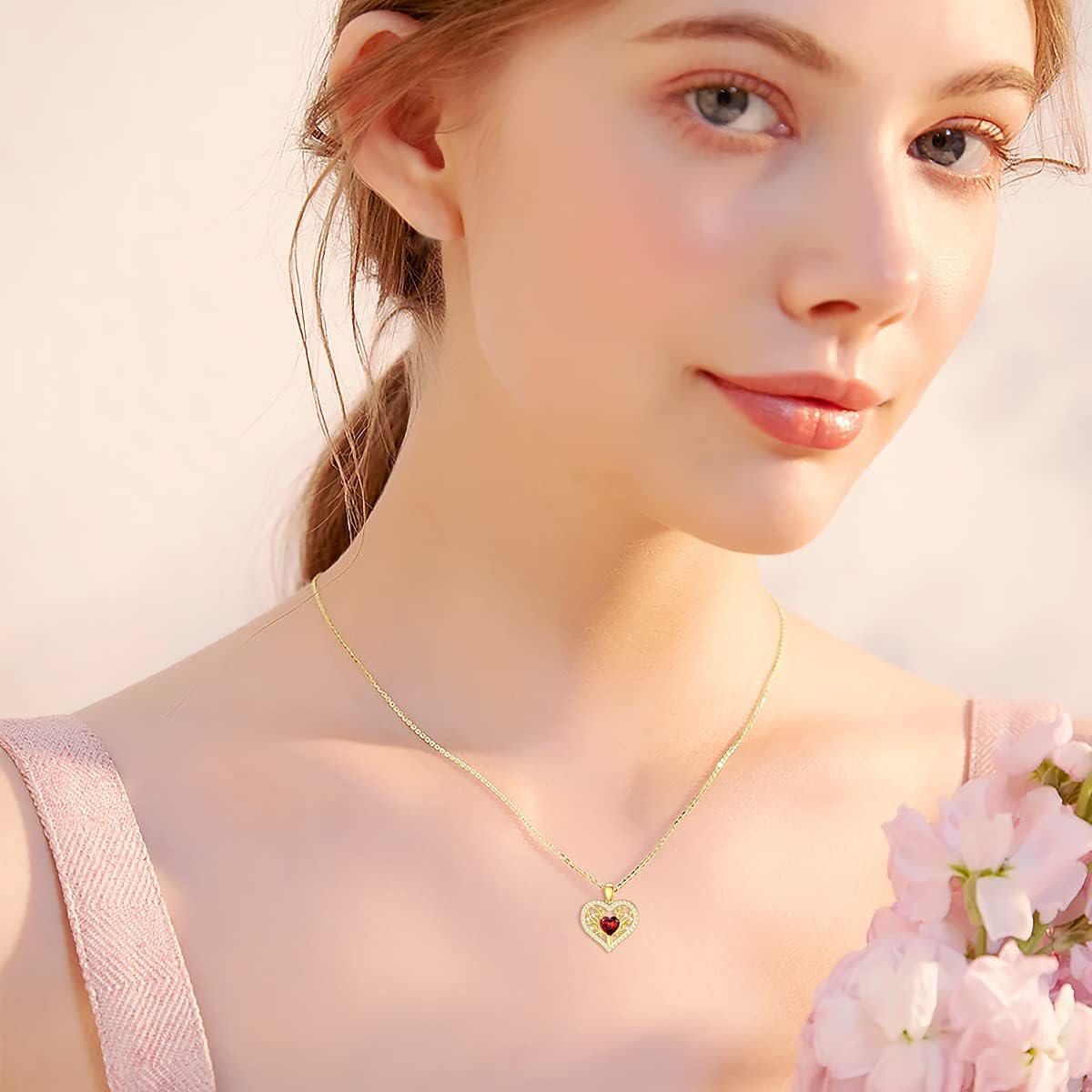 9k Gold Tree of Life Necklace for Women, 375/9ct Real Gold Tree of Life Birthstone Heart Pendant Necklace Jewellery Gifts for Birthday Christmas 40 + 5 cm – Bild 3