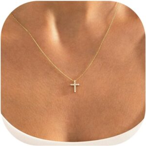 TINGN Communion Gifts for Girls Women - Cross Chain Ladies, 14K Gold Plated Chain with Cross Pendant, Elegant Choker Necklace, Christianity Jewellery, Women's Confirmation Gifts for Girls