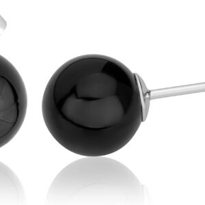 NKlaus Pair of Genuine Onyx Stud Earrings 925 Sterling Silver Rhodium-Plated 8 mm Round 3777, Sterling Silver, Onyx