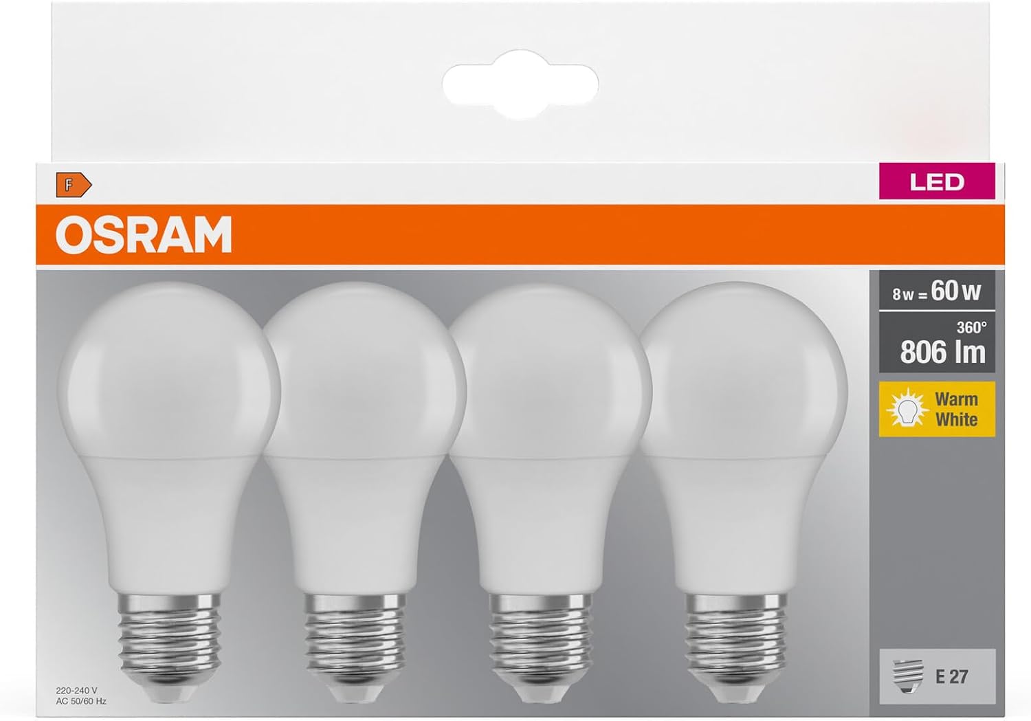 Osram 4 x LED Base Classic A Bulb, E27 Base, Non-Dimmable, Replaces 60 Watt, Matt, Warm White - 2700 Kelvin, Pack of 4 – Bild 6