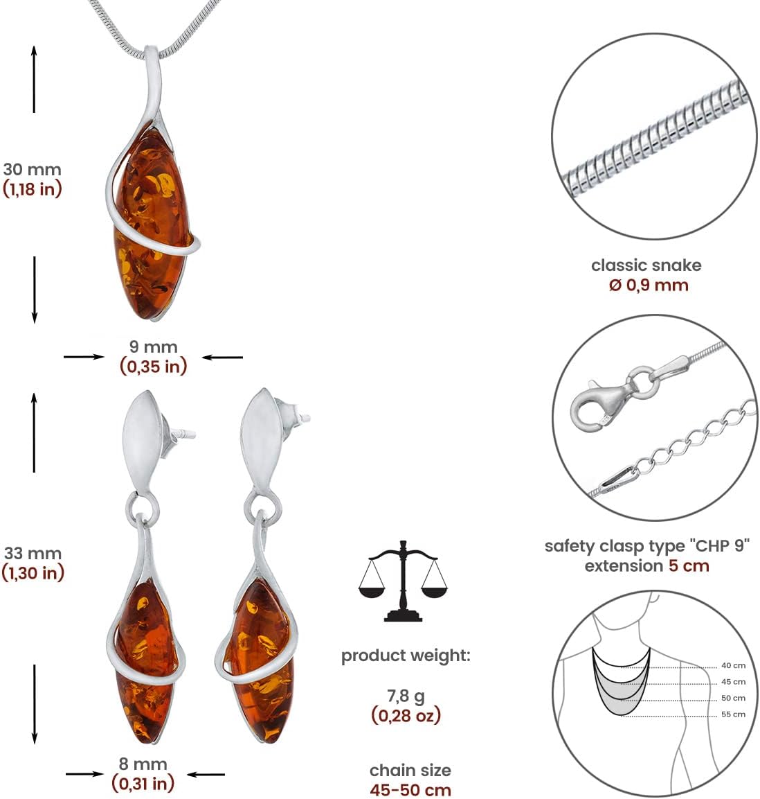 Small Women's Jewellery Set Marquise Sterling Silver 925 Finish Shine Cognac Baltic Amber Pendant with Chain and Earrings – Bild 2