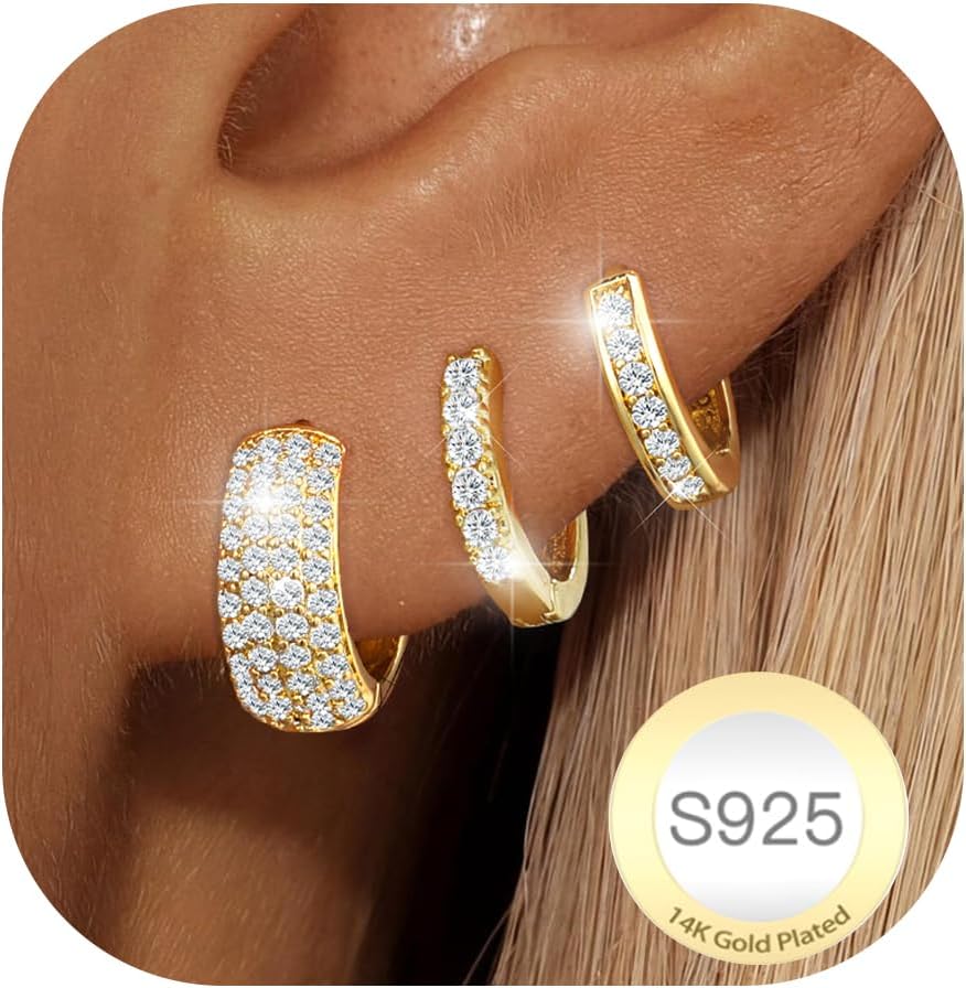 3 Paare Creolen Silber Set 14K Vergoldete Ohrringe für Damen