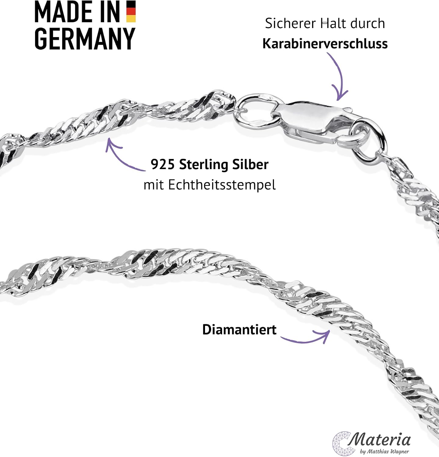 Materia Women's Bracelet Chain, 925 Silver, 3 mm Singapore Chain Bracelet, 17 / 18 / 19 / 20 / 21 / 22 cm, with Lobster Clasp – Bild 3