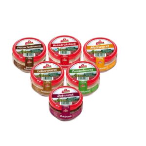 6x Müller’s Classic Tasting Set: 1 x Heath Breakfast, 1 x Liver Sausage, 1 x Mead Sausage, 1 x Palatinate Liver Sausage, 1 x Red Sausage, 1 x Onion Sausage