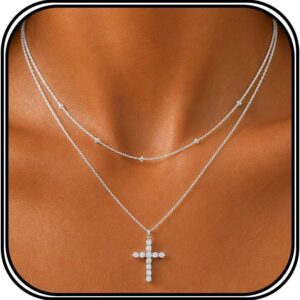 Women’s 925/14 K Silver Chain, Layerd, Multi-Row Silver Chain, 925/14 K with Cubic Zirconia Pendant, Waterproof Necklace, Boho Fashion Jewellery, Gift for Women, Girls, 38/45 cm