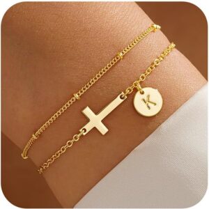 TINGN Women's Gold Bracelet with Cross - 14K Gold Plated Layered Personalised Bracelet with Letters Monogram Discs Bracelet Women's Gold Jewellery Christening Gifts for Women Teenager Girls