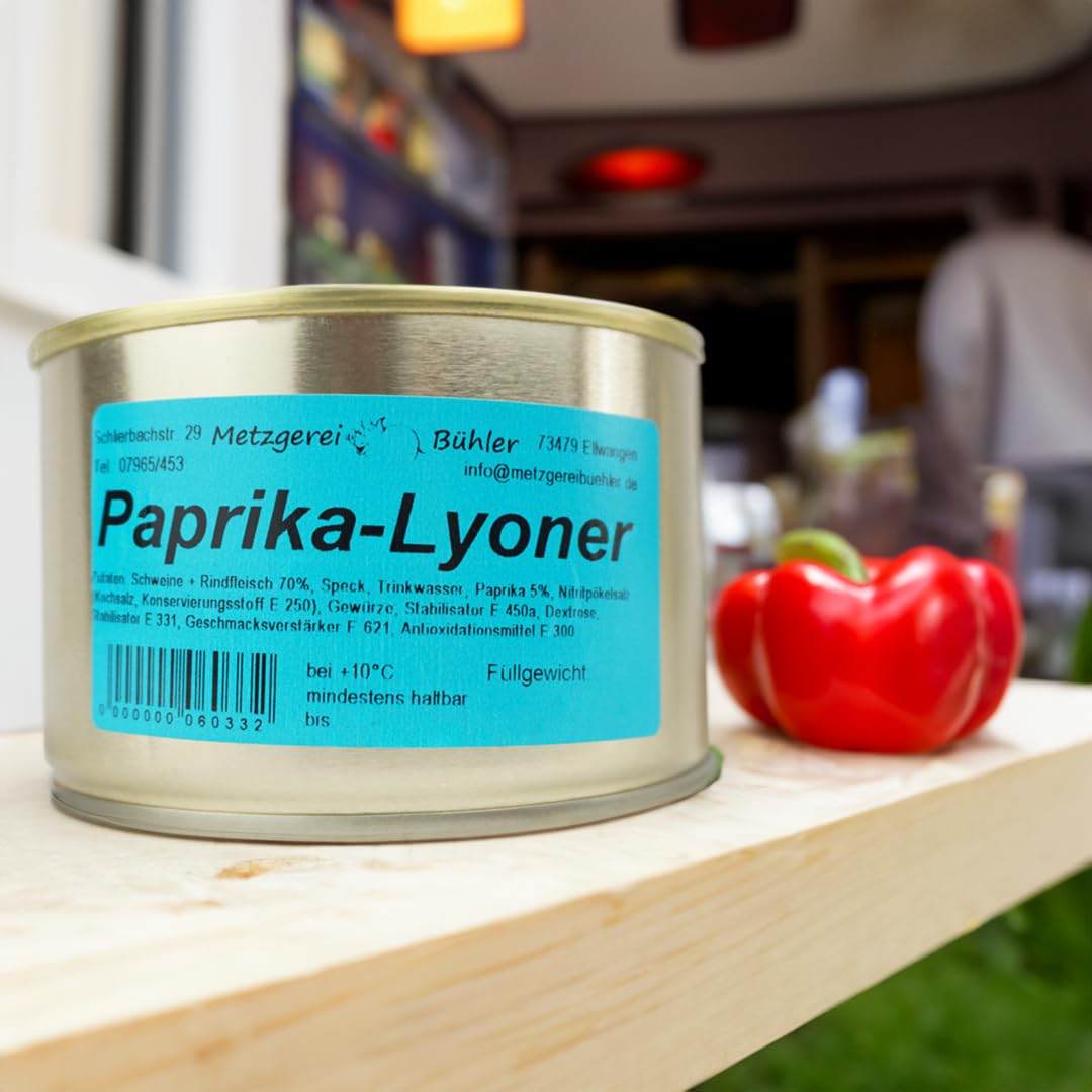 Paprika Lyoner Canned Sausage 120 g 190 g 300 g 390 g Sausage Canned Pepper Meat Sausage in a Tin Traditional German Sausage Preserve from Landmetzgerei Bühler (390g) – Bild 3