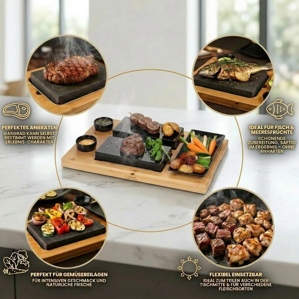 Hot Stone Grill Stone Plate Model DUE Hot Stone Steak Maker Lava Stones Grill Wooden Board Bamboo, Lava Stone Steak, Hot Stone Raclette Complete Set with 8 Pieces – Bild 2