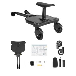 Universal Buggy Board, 25 kg Load Capacity, Black, Foldable, Removable Kiddyboard, Running Board, Wheeled Board, Carriage Board with Seat, Pram Organiser, Hanging Strap for Children from 2-6 Years