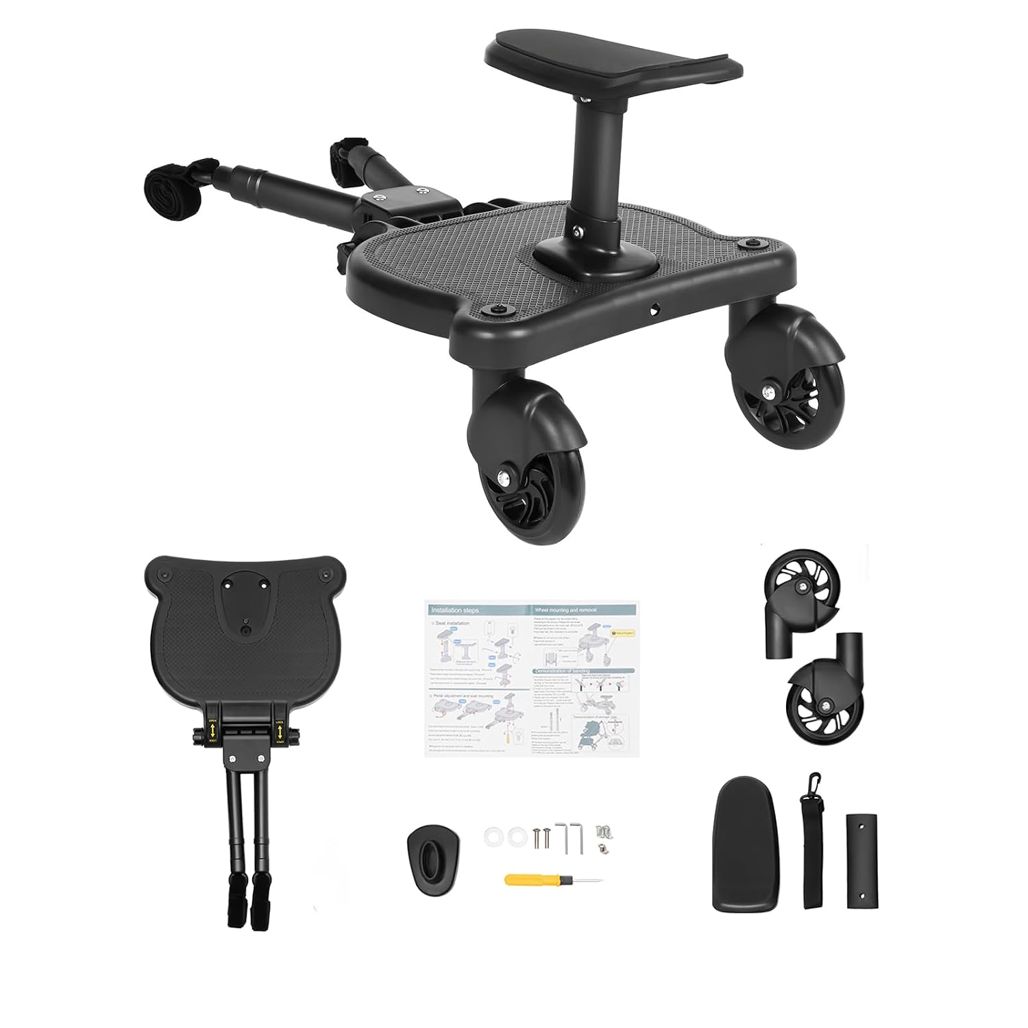 Universal Buggy Board, 25 kg Load Capacity, Black, Foldable, Removable Kiddyboard, Running Board, Wheeled Board, Carriage Board with Seat, Pram Organiser, Hanging Strap for Children from 2-6 Years