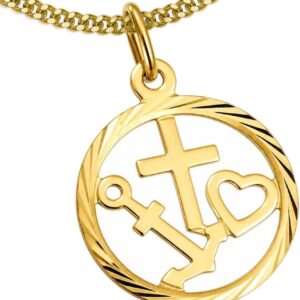 CLEVER SCHMUCK Faith Love Hope Necklace Gold Diameter 14 mm Diamond-Coated + Curb Chain 45 cm 925 Sterling Silver Gold-Plated in Luxury Case