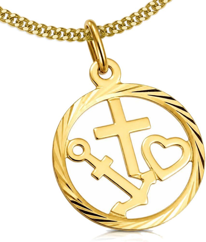 CLEVER SCHMUCK Faith Love Hope Necklace Gold Diameter 14 mm Diamond-Coated + Curb Chain 45 cm 925 Sterling Silver Gold-Plated in Luxury Case