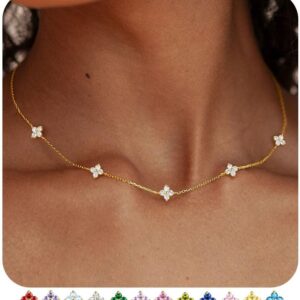 FUNEIA Women's Gold Necklace 18 Carat Gold-Plated with Birthstone Pendant Waterproof Gold Chain with Clover Leaf Adjustable Golden Chain for Girlfriend Women Girls Gold Jewellery Birthday Gift