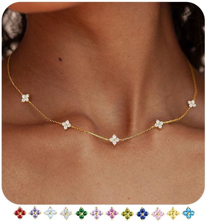FUNEIA Women's Gold Necklace 18 Carat Gold-Plated with Birthstone Pendant Waterproof Gold Chain with Clover Leaf Adjustable Golden Chain for Girlfriend Women Girls Gold Jewellery Birthday Gift