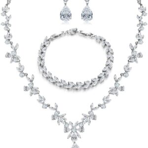 Hochzeit Schmuckset für Damen, Halskette & Ohrringe & Armband Set, Blumen Braut Schmuck Set mit 5A Weiß Zirkonia, Allergenfrei Hochzeitsschmuck für Braut Brautjungfern