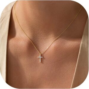 TINGN Communion Gifts for Girls Women - Cross Chain Ladies, 14K Gold Plated Chain with Cross Pendant, Elegant Choker Necklace, Christianity Jewellery, Women's Confirmation Gifts for Girls
