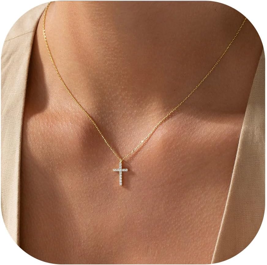 TINGN Communion Gifts for Girls Women - Cross Chain Ladies, 14K Gold Plated Chain with Cross Pendant, Elegant Choker Necklace, Christianity Jewellery, Women's Confirmation Gifts for Girls