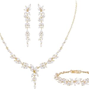 Wedding Jewellery Set for Brides Bridesmaids Sparkle Marquise Cubic Zirconia Leaf Bridal Necklace Long Drop Earrings Tennis Bracelet Set