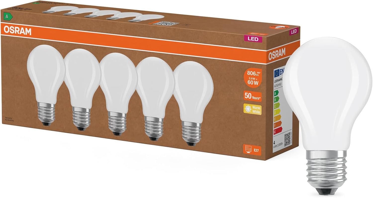 Osram Highly Efficient LED Bulbs with Energy Efficiency Class A, Value Pack of 5 Bulbs, Replaces Conventional 60 W Bulbs, Warm White (2700 K), E27, Matte Glass
