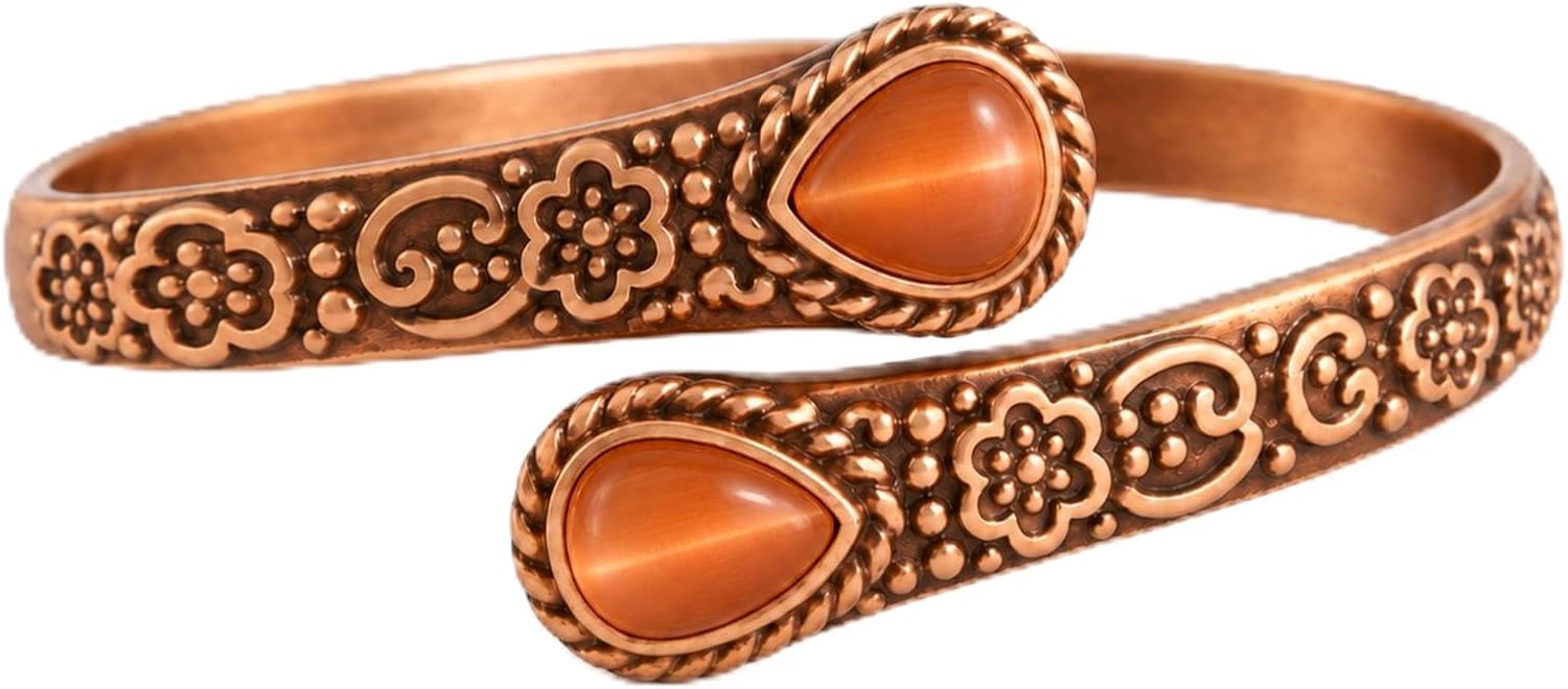 JEROOT Women's Pure Copper Magnetic Bracelet with 6 Powerful Magnets Vintage Flower Copper Bracelet with 2 Cat's Eye