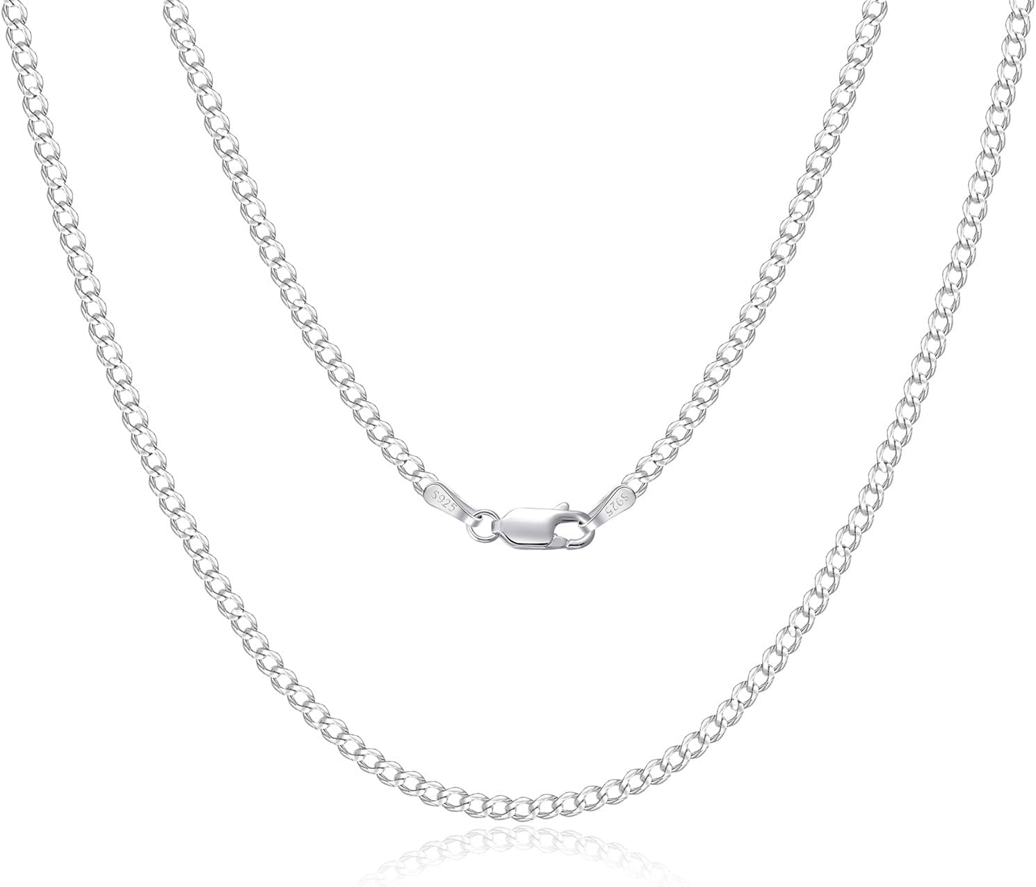 925 Sterling Silver Curb Chain Real Silver Chain for Men Women 2/3/4mm Wide Thin Super Flat Multi-Row Chain High Quality Classic Necklaces for Everyday Use 45-65cm
