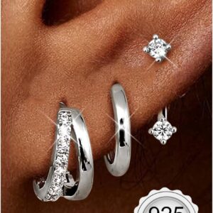 Finrezio 3 Pairs of Earrings Silver 925 for Women Hoop Earrings Silver Gold Stud Earrings Silver 925 Hypoallergenic Earrings Small Hoop Earrings Huggie Piercing Ear Gold Silver Earrings Jewellery Gold