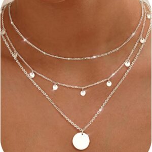 Chriscoco Women’s Layering Necklace Gold / Silver 14 K Gold-Plated Stainless Steel Chain with Coin / Heart Pendant Waterproof Adjustable Gold Chain Silver Chain Pack of 3