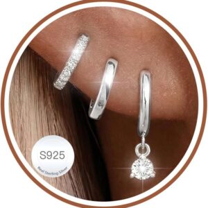 3 Pairs of Earrings Silver 925 Set for Women Hoop Earrings Hypoallergenic Earrings Small Zirconia Stud Earrings Silver Jewellery for Multiple Piercings