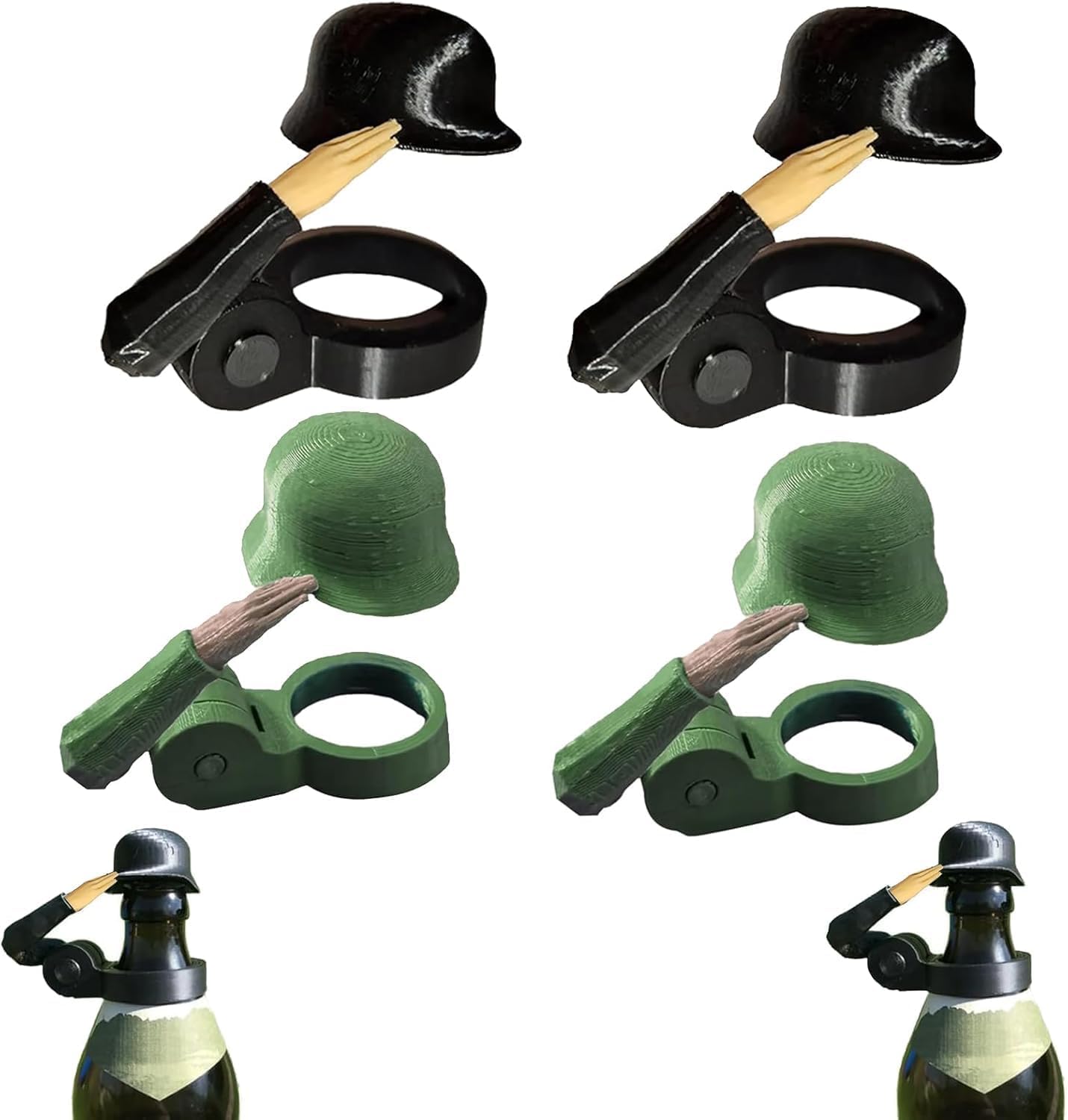 Soldier Salut Beer Bottles Helmet Soldier Greeting Beer Bottle Helmet Soldiers Salut Beer Bottle Stoppers for Beer Bottles Soldier Greeting Beer Helmet (Black + Green, 4 Pack)