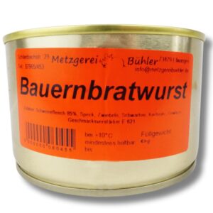 Brat Bauernbratwurst from the Bühler butcher shop, 120 g to 400 g, premium canned sausage made from 100% German pork, canned sausage, long shelf life of the sausage, 1 year MHD (400 g)